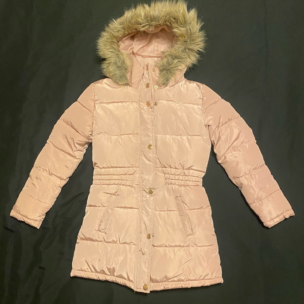 Ci Sono Kids Blush Puffer Jacket with Faux Fur Hood